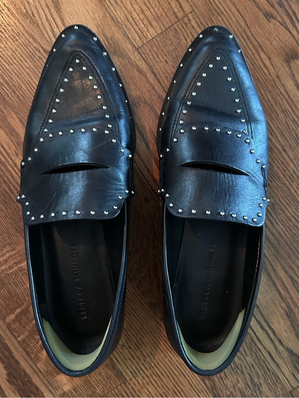 Rebecca Minkoff Black Studded Leather Pointed Toe Loafers